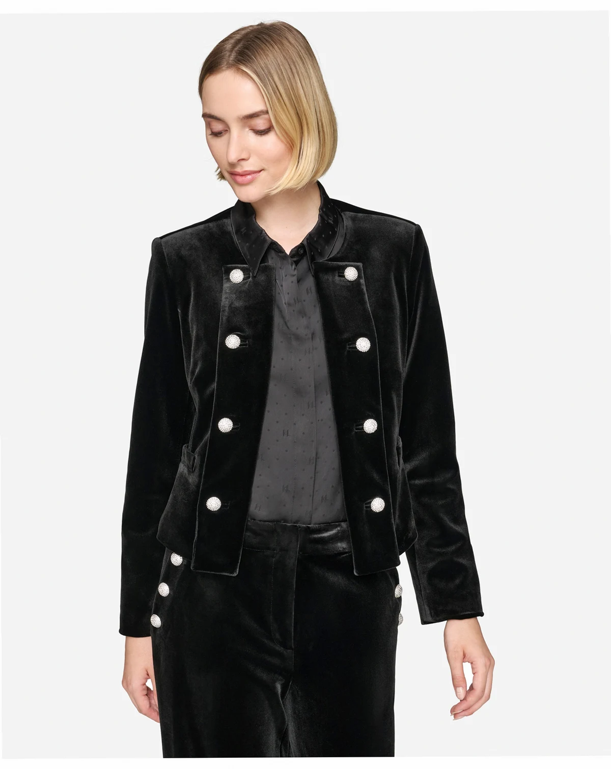Women's Collarless Velvet Open-Front Jacket with Embellished Buttons