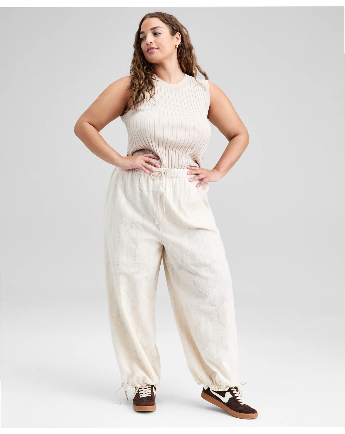 Trendy Plus Size Cotton Jacquard Drawstring-Hem Pants, Macy's Exclusive