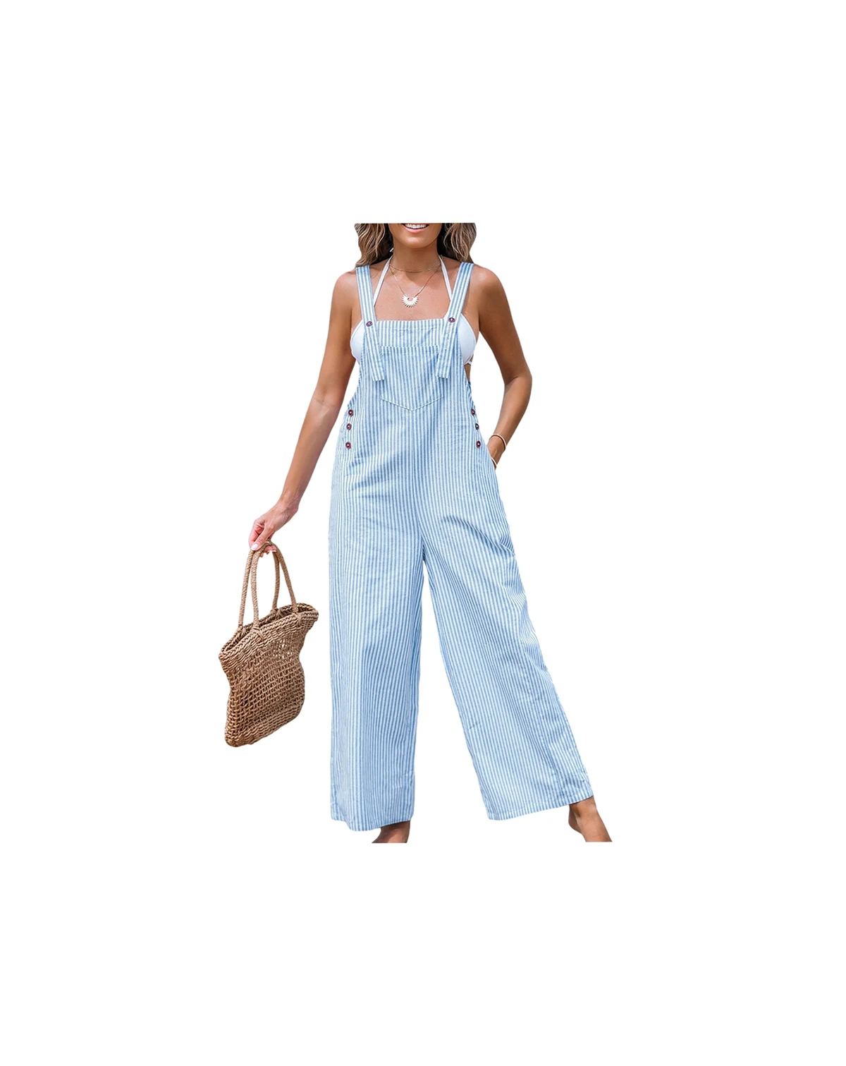 Women's Blue Striped Square Neck Straight Leg Overalls