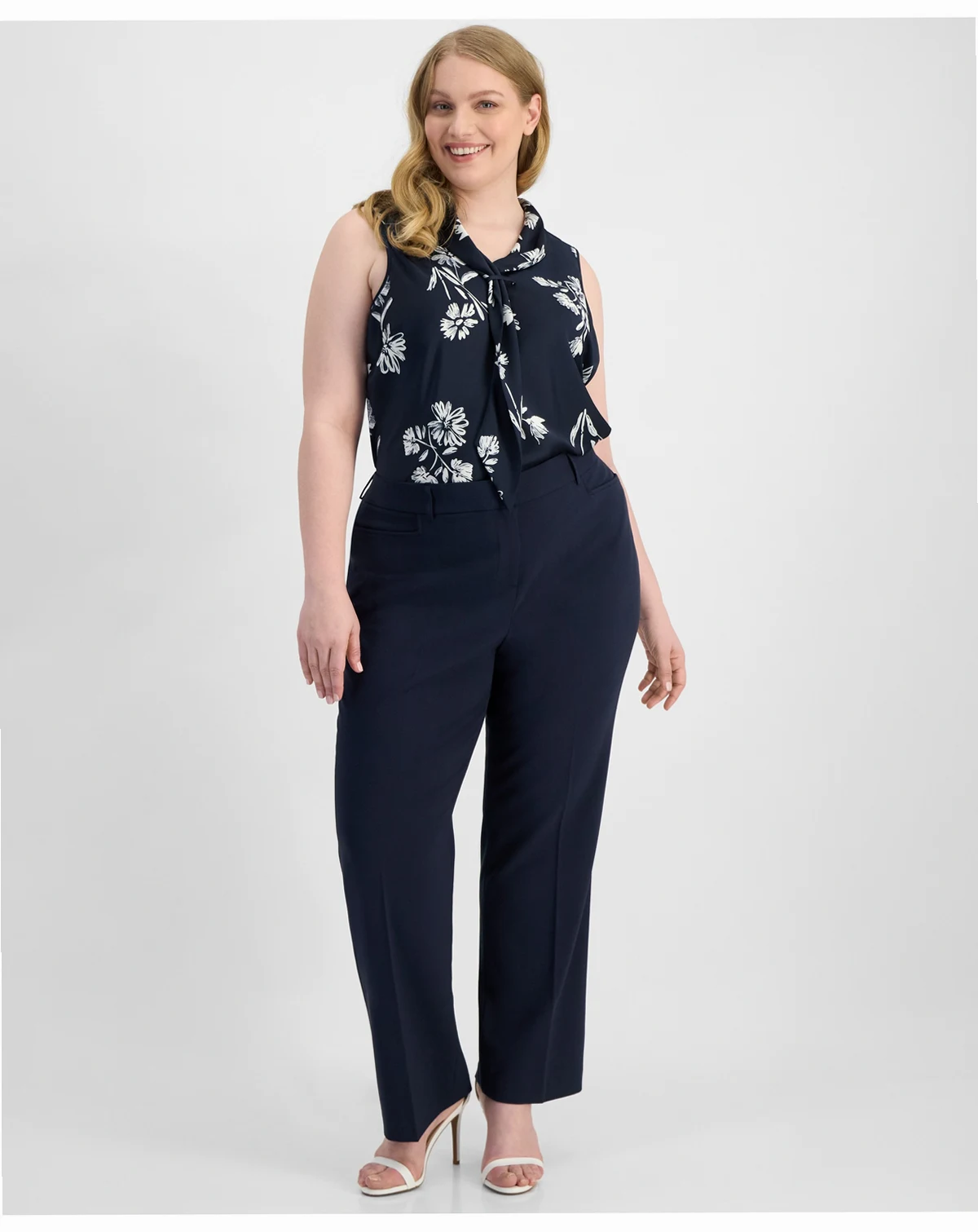Plus Size Bird Eye Press-Pleat Straight-Leg Pants