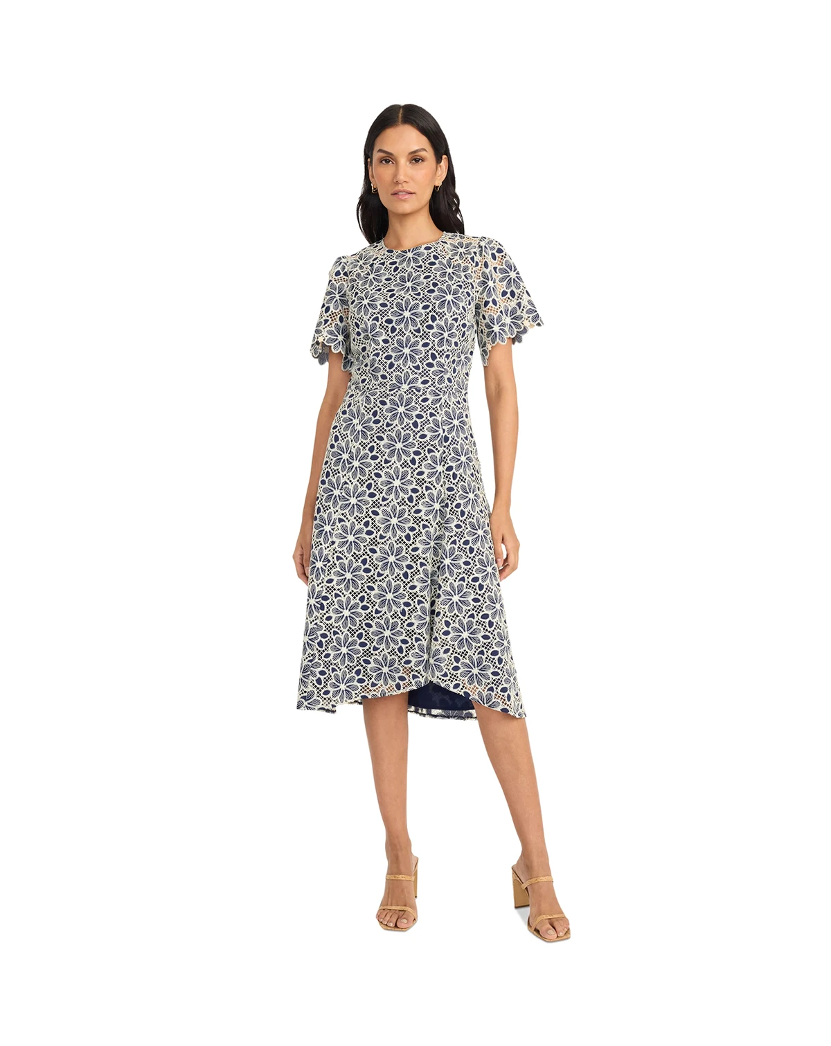 Women's Floral-Lace Short-Sleeve Midi Dress