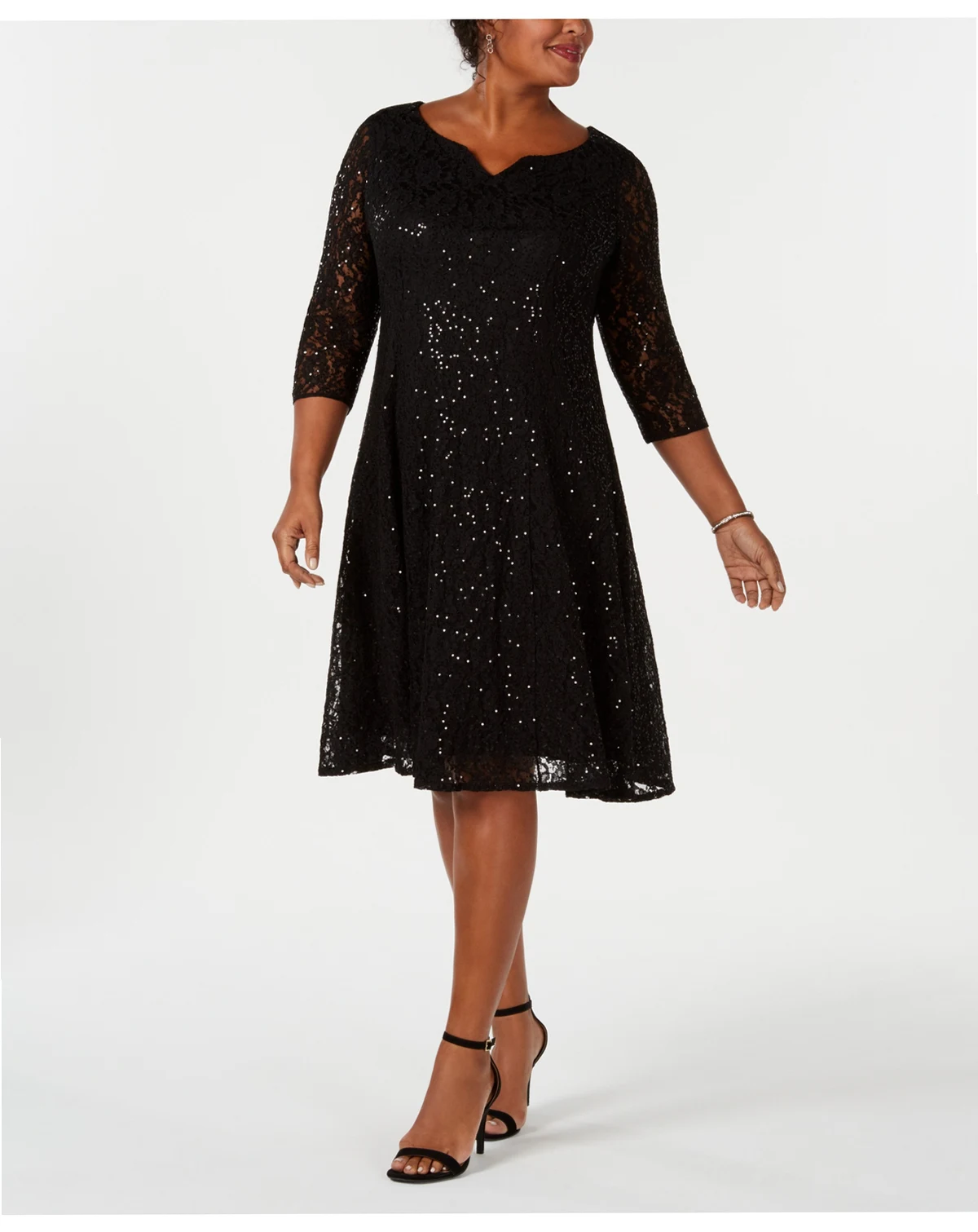 Women's Sweetheart Neck Tea Length Sequin Lace Dress