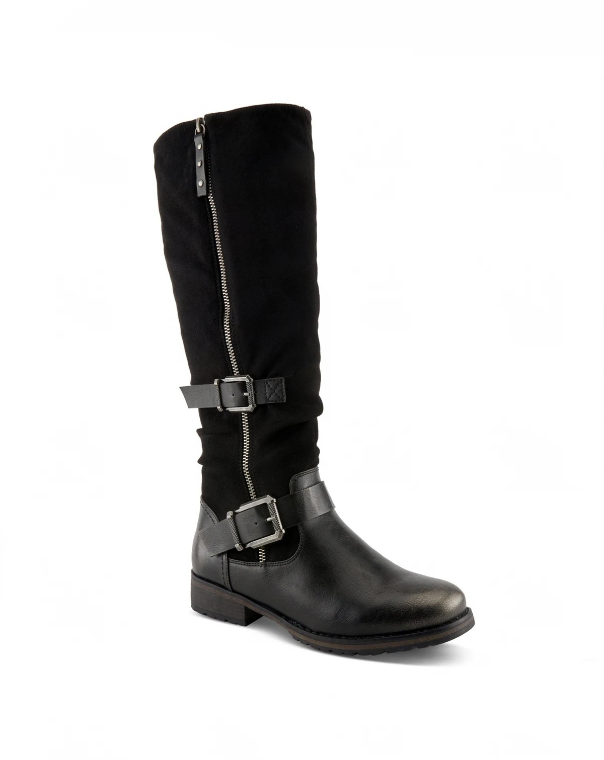 Women's Misdreavus Metallic Burnished Tall Boot with Dual Buckles and Extended Calf Fit
