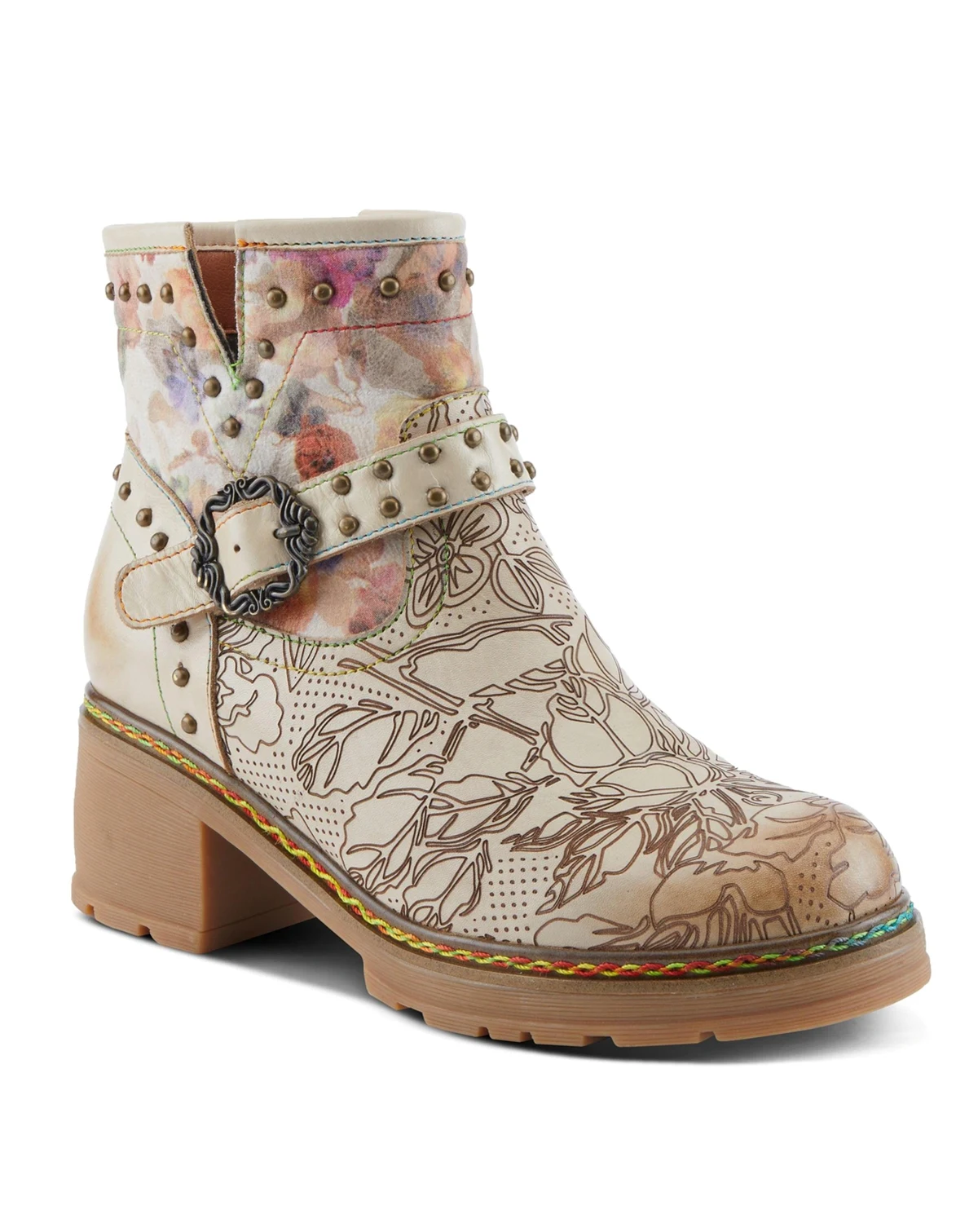 Women's Branchout Hand-Painted Leather Booties with Etched Botanical Motifs, Studded Buckle Strap, Inside Zipper, and Rainbow Stitching