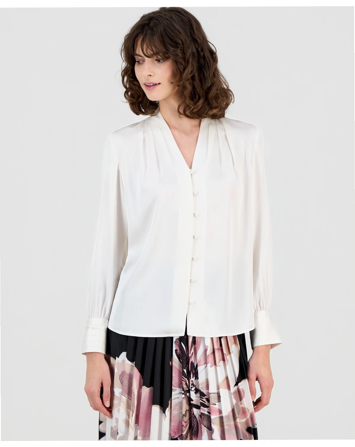 Petite V-Neck Button-Front Pleated-Cuff Blouse