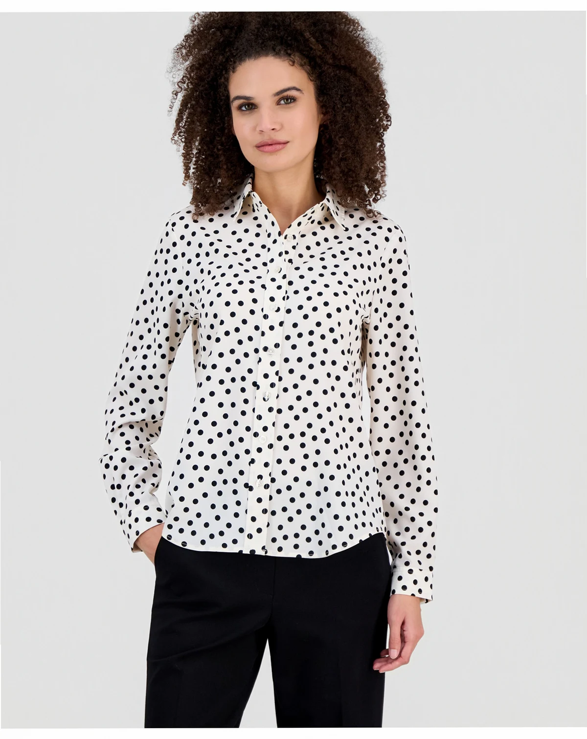 AK Anne Klein Petite Dot-Print Long-Sleeve Slim-Fit Shirt