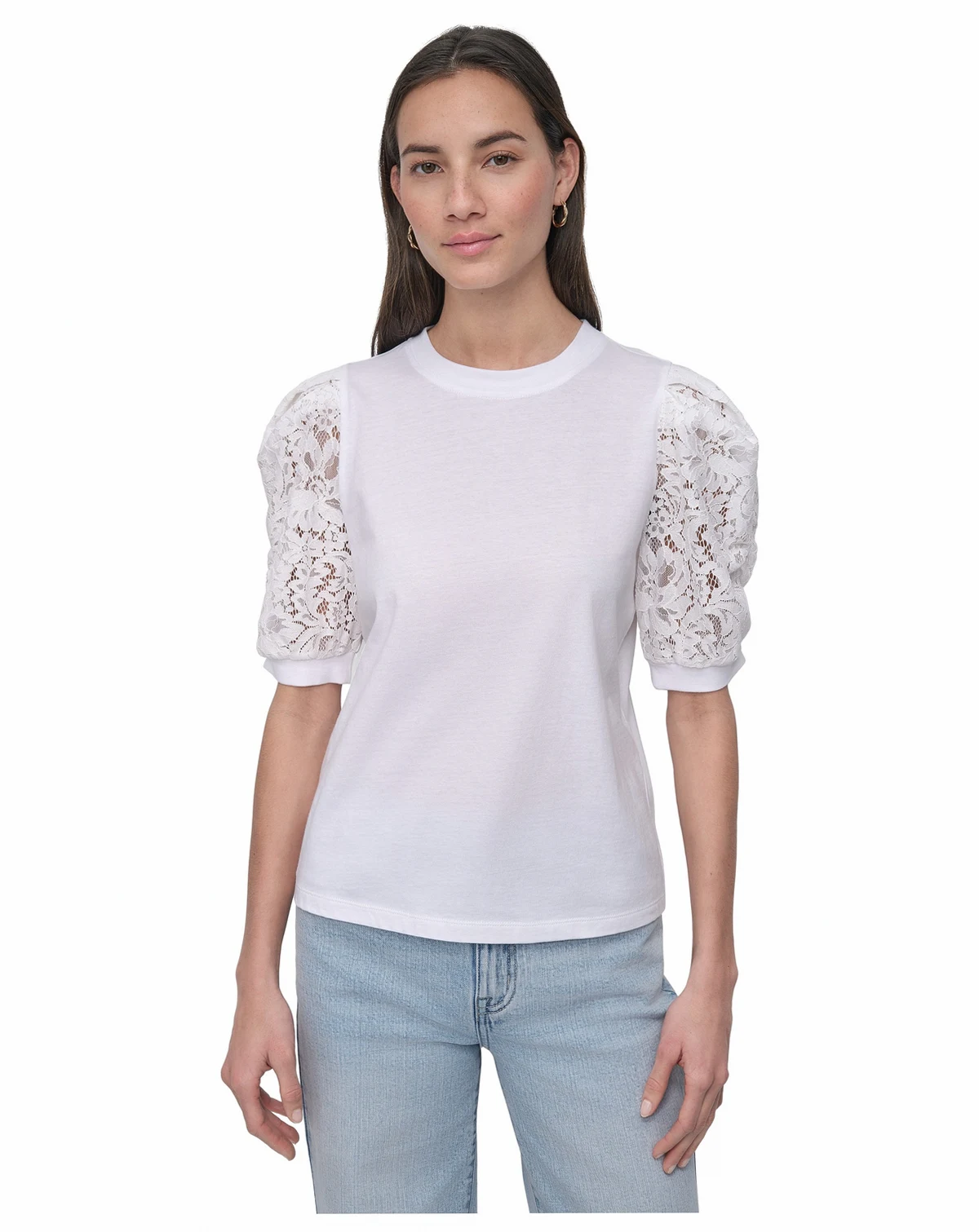 Women's Mixed Media Lace-Sleeve Top
