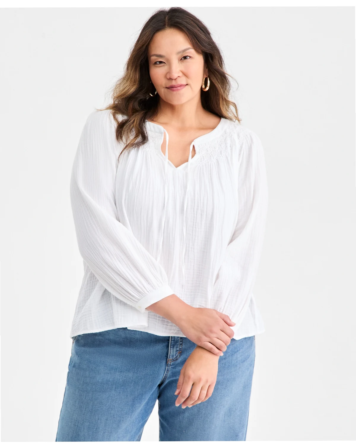 Plus Size Cotton Smocked Tie-Neck Top, Macy's Exclusive