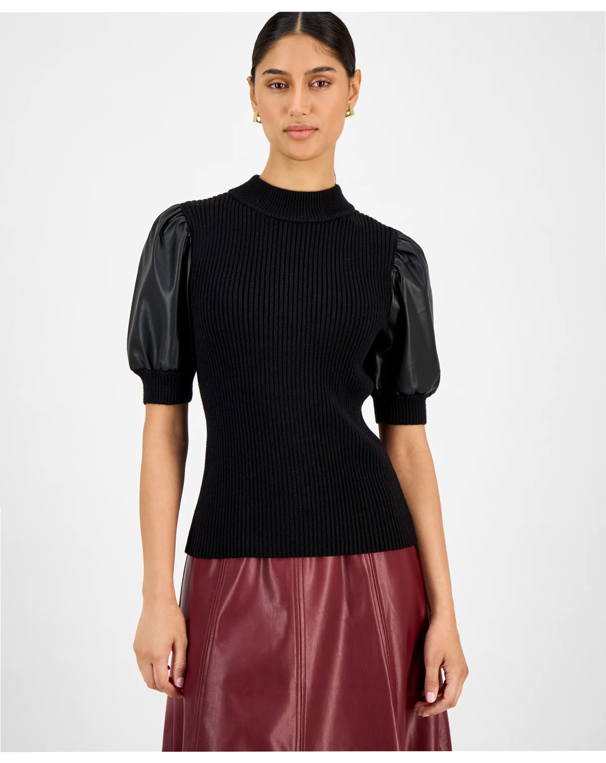 Women's Ribbed Faux-Leather-Sleeve Top