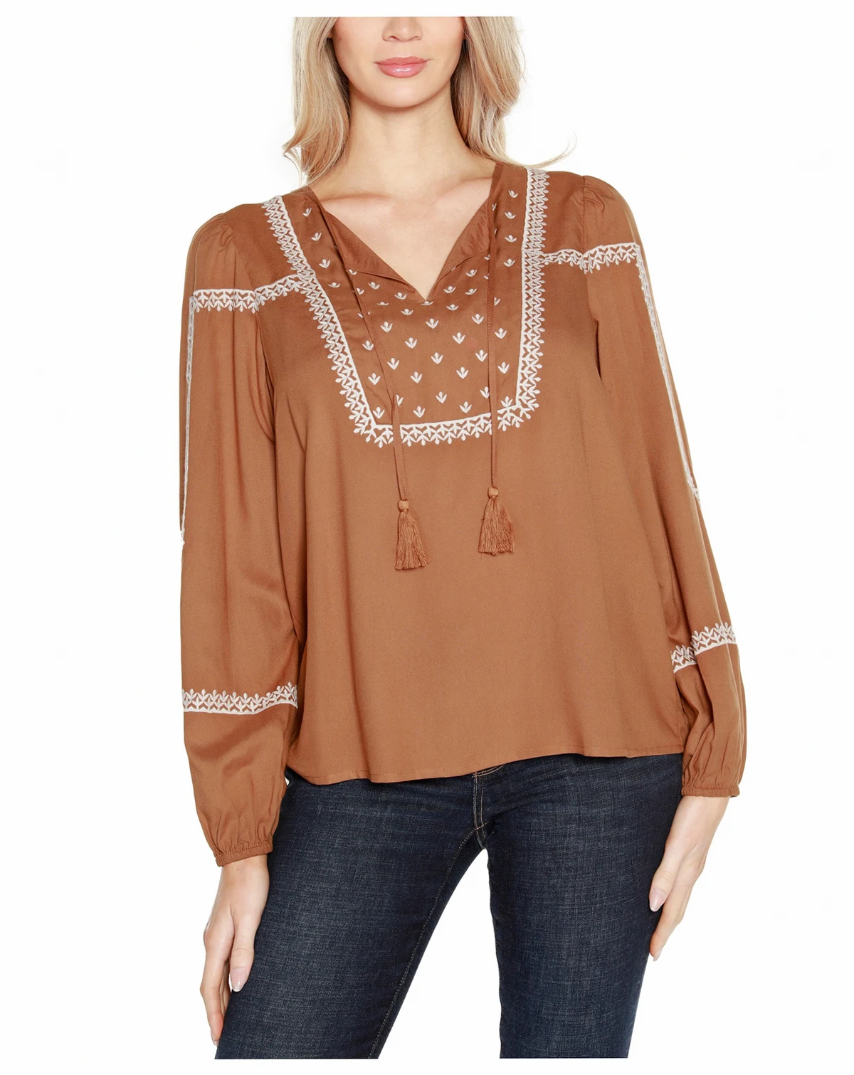 Black Label Embroidered Blouson Tie Neck Top