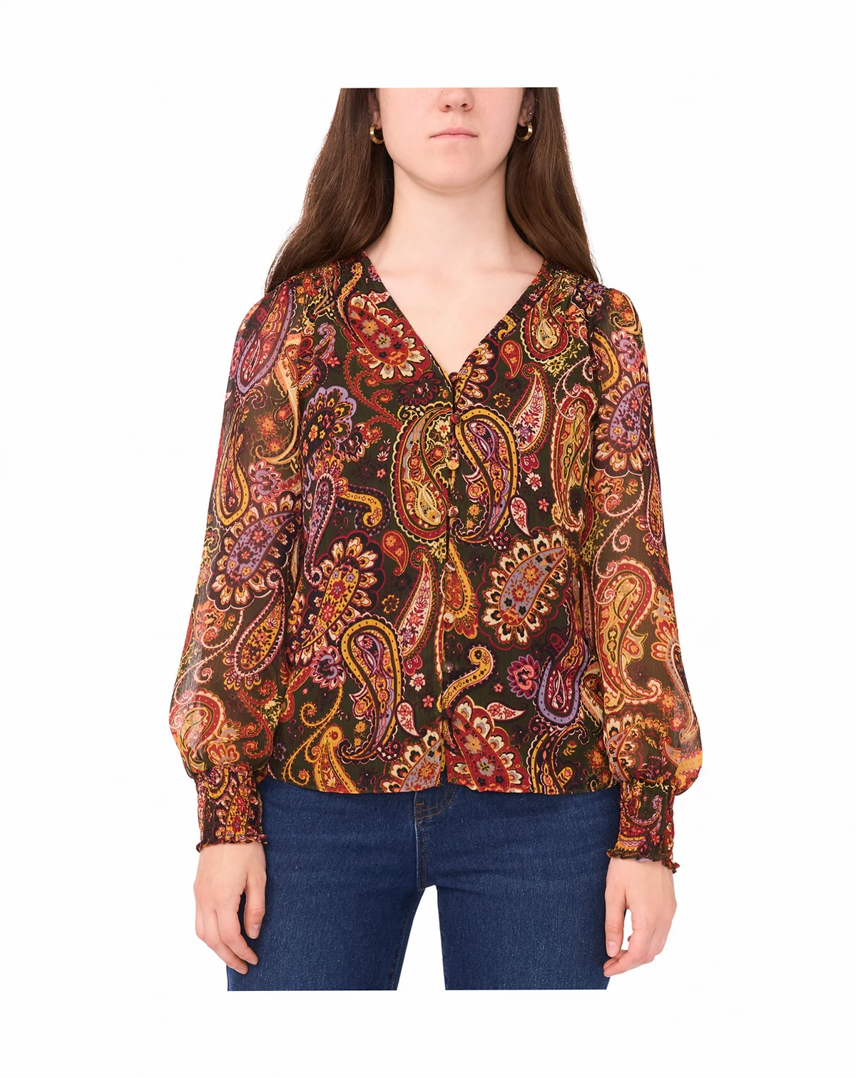 Petite Smocked Shoulder V-Neck Blouse Top
