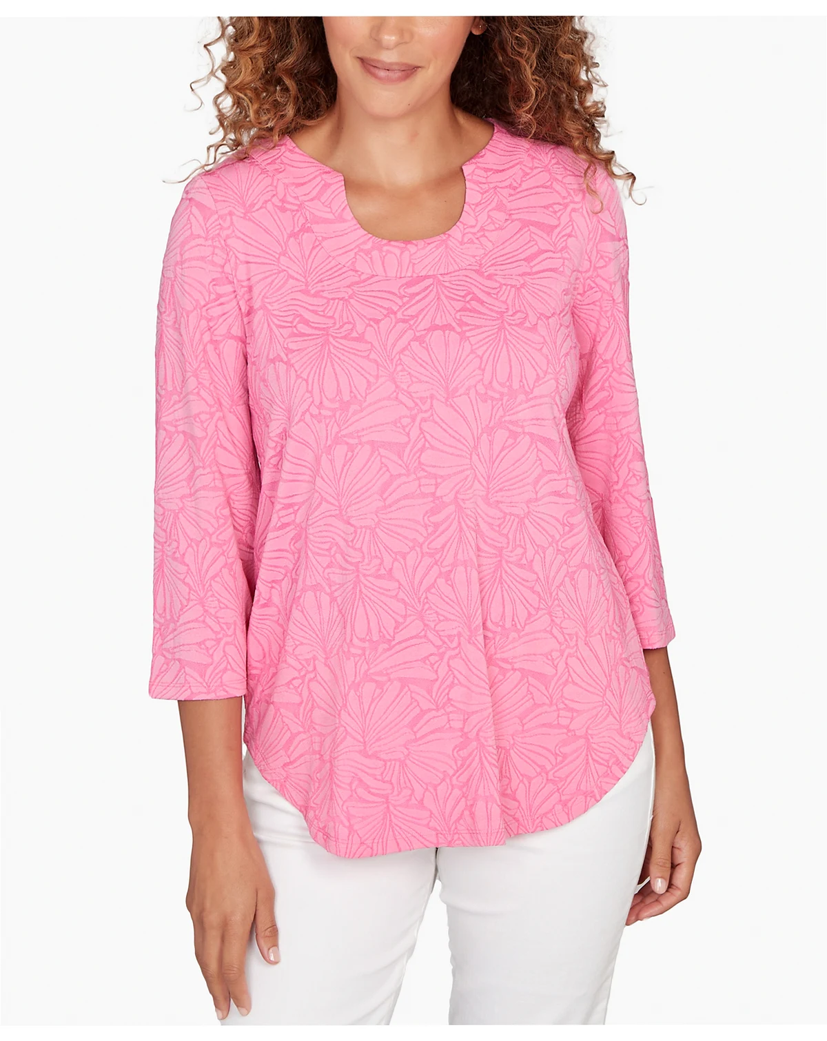 Petite Horseshoe Neck Solid Floral Jacquard Top