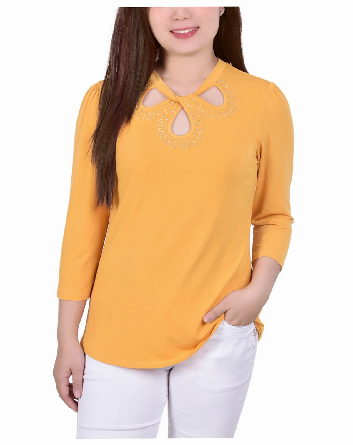 Petite 3/4 Sleeve Knit Crepe Studded Keyhole Top