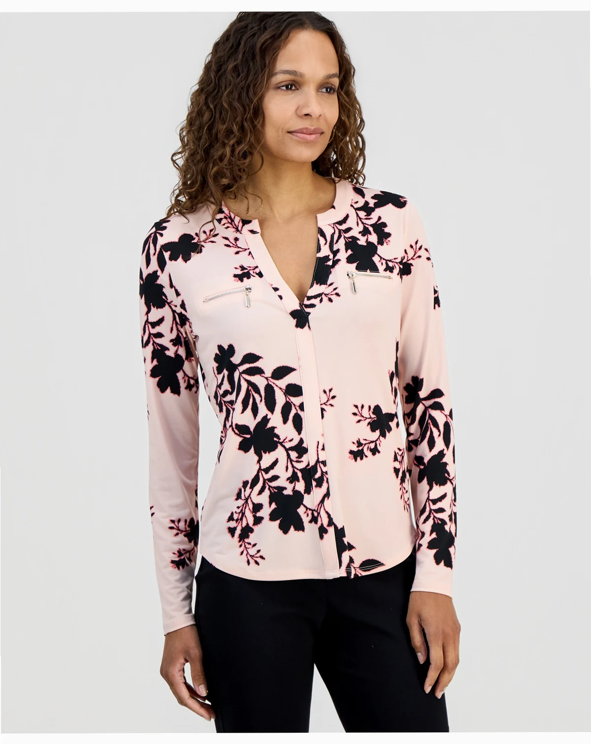 Petite Cameron Floral Split-Neck Zip-Pocket Top, Macy's Exclusive