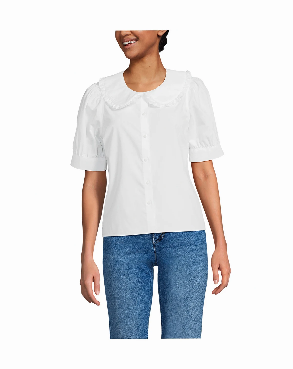 Women's Carefree Cotton Puff Sleeve Statement Collar Shirt