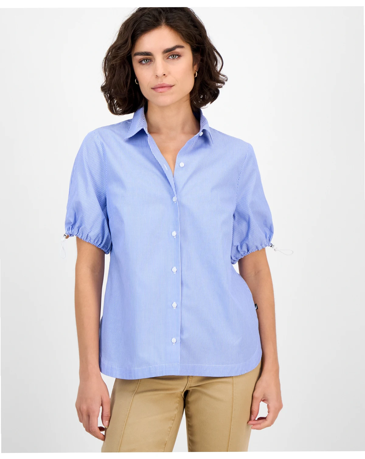 Nautica Women's Striped Bungee-Sleeve Camp Shirt