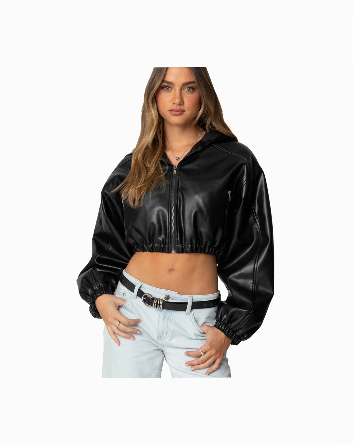 Women's Hooded Faux Leather Cropped Jacket