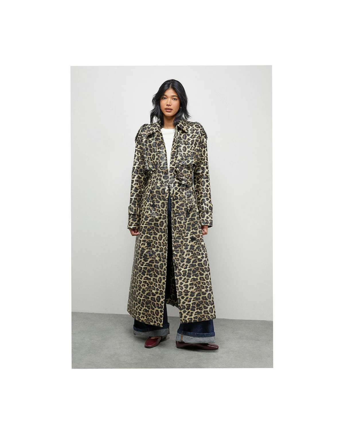 Women's PU Leopard Print Trench Coat