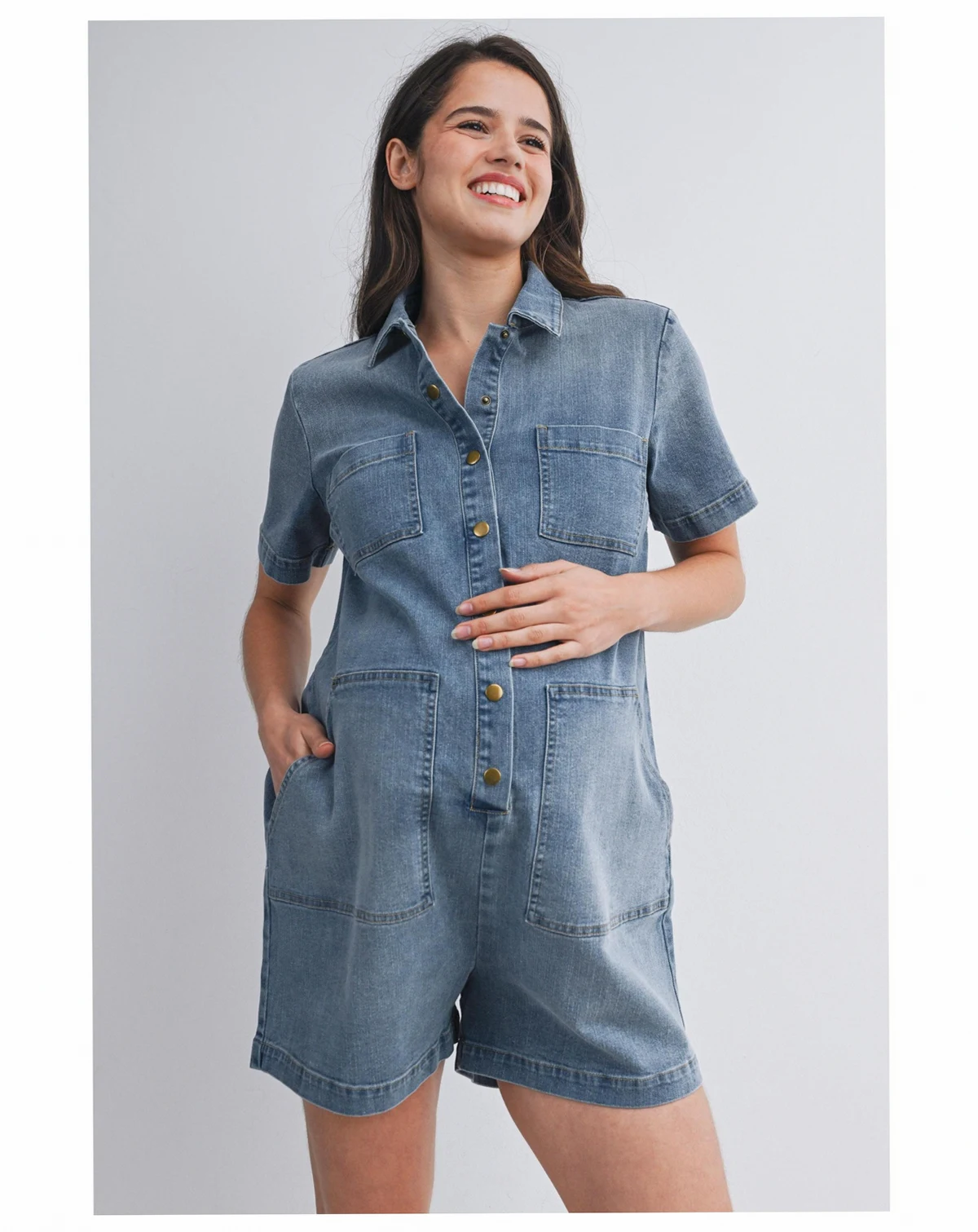 Maternity Nursing-Friendly Button Down Collared Short Sleeve Romper