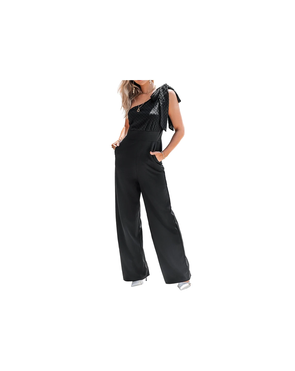Women's One-Shoulder Bow Tie Wide-Leg Jumpsuit