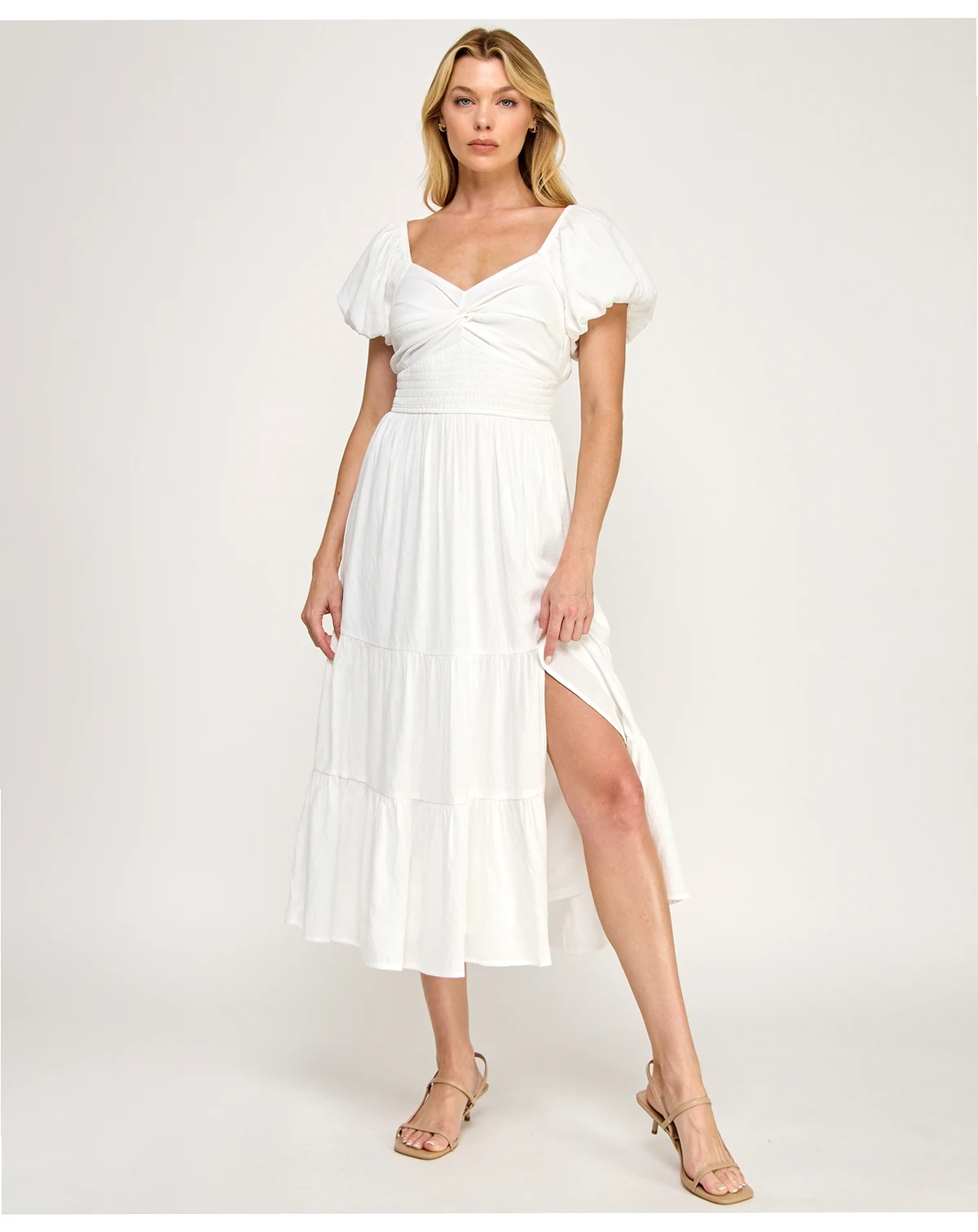 Juniors' Sweetheart Neck Puff-Sleeve Ruched Waist Midi Dress