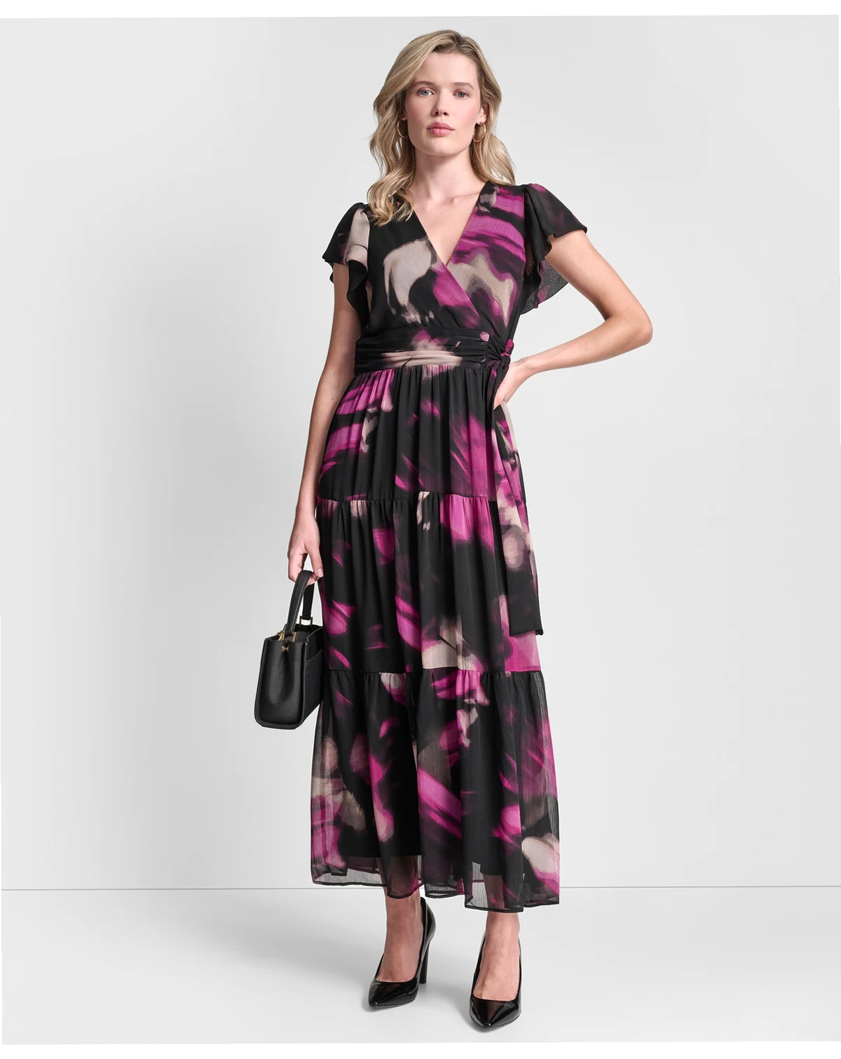 Women's Ruffle Cap Sleeve Surplice Neck Maxi Dress