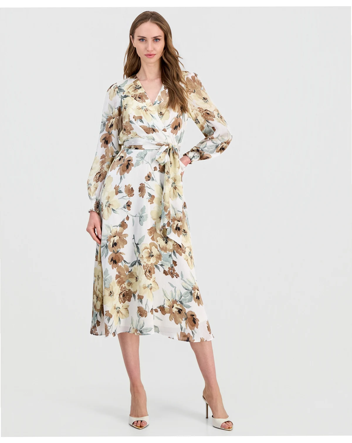 Women's Floral Printed Belted Midi Dress