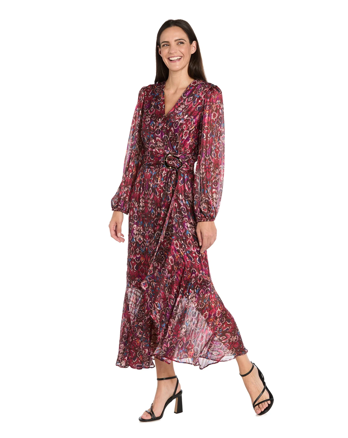 Women's Long-Sleeve Mock Surplus Wrap Printed Dress