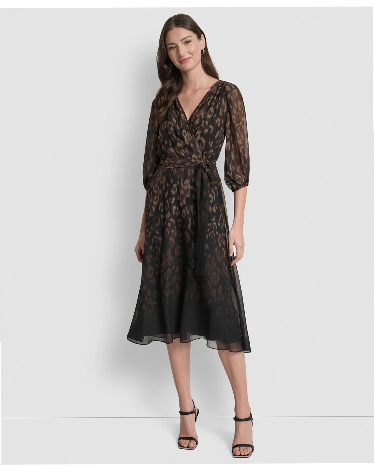 Women's Balloon Sleeve Faux Wrap Midi Dress