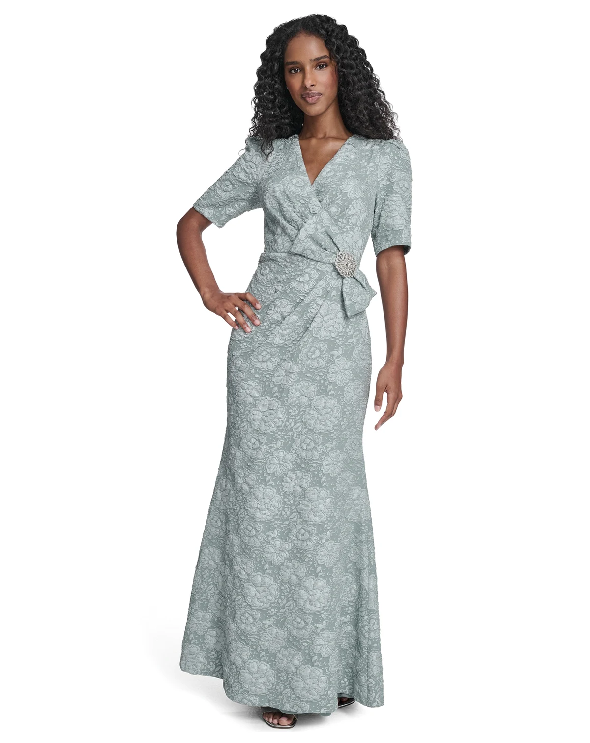 Women's V-Neck Bow Detail Faux Wrap Gown