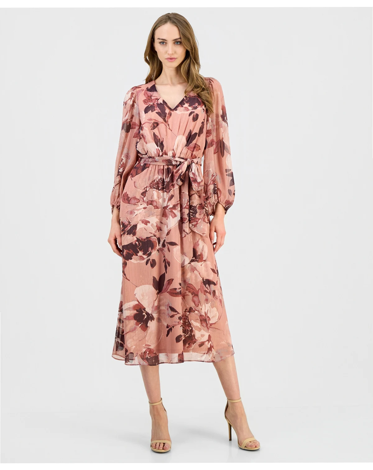 Women's Floral V-Neck Belted Midi Dress