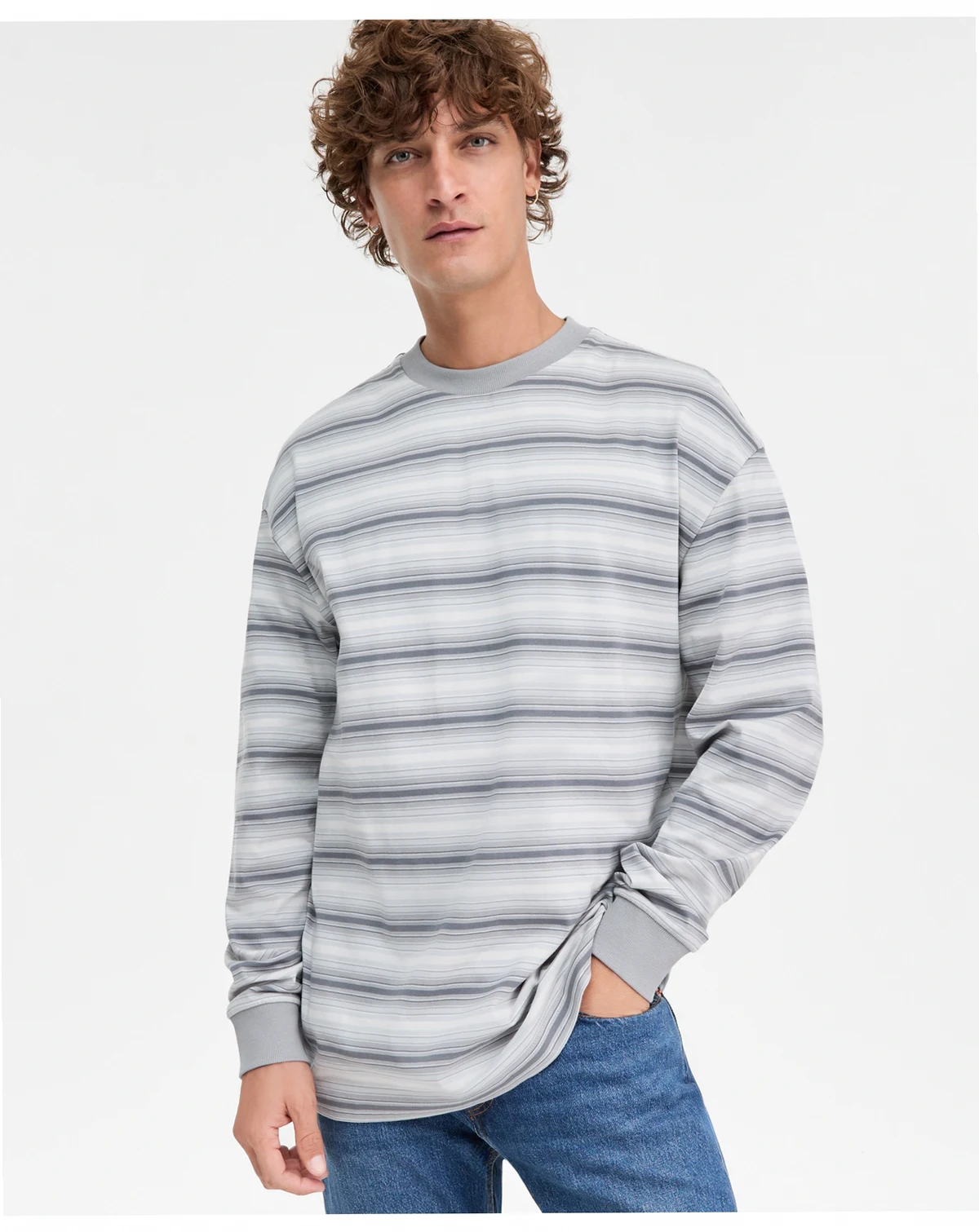 Men's Cotton Nsolog Long-Sleeve Crewneck Striped T-Shirt