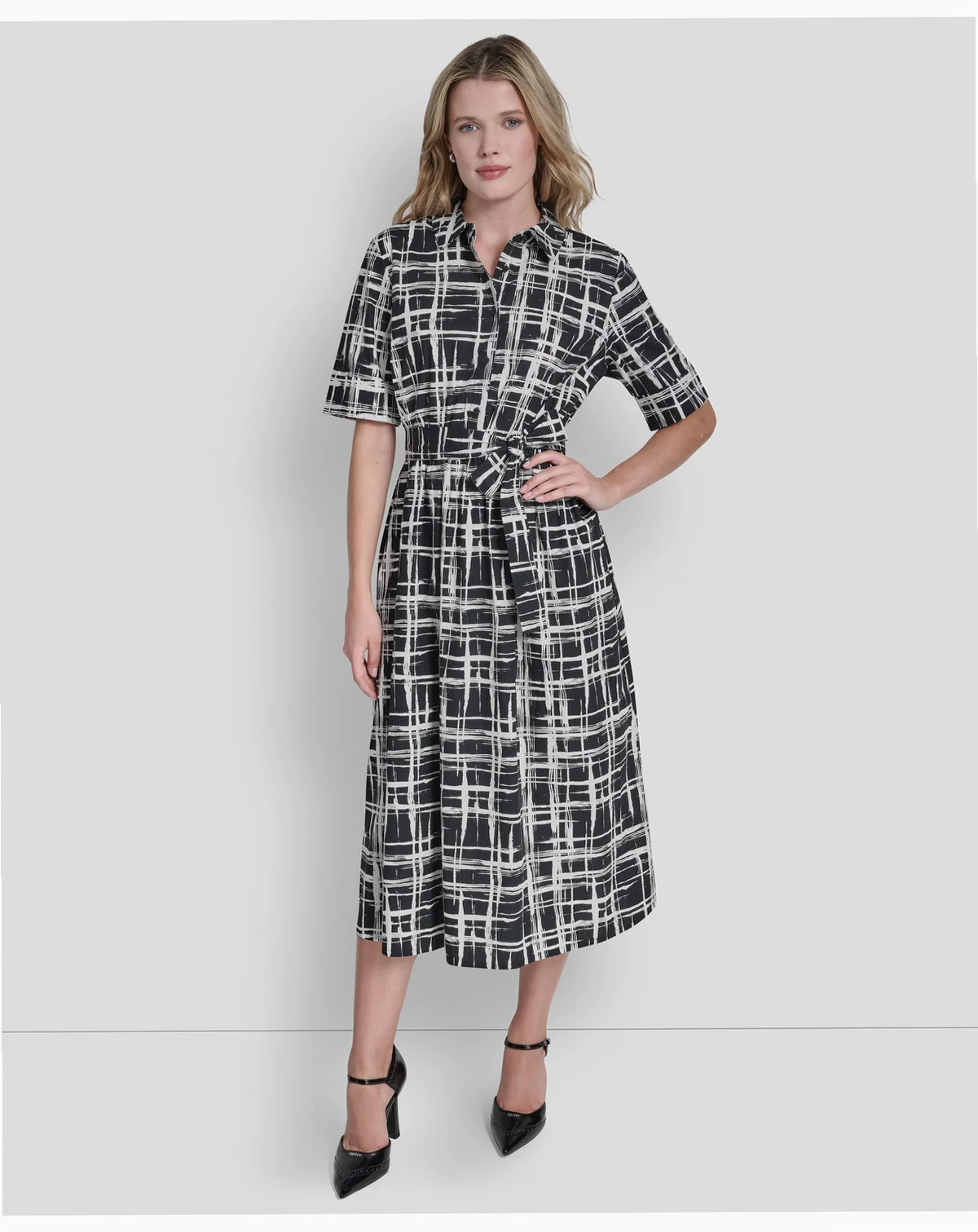 Women's 3/4-Sleeve Collared Neck Cotton Midi Shirt Dress