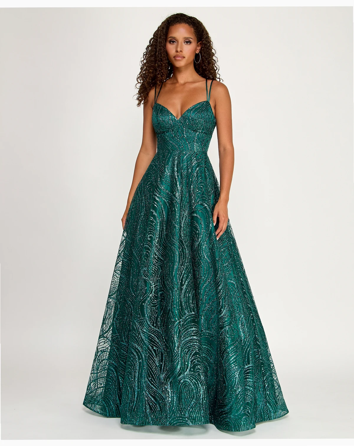 Juniors' Spaghetti Strap V Neck Glitter Pattern Gown with Lace Up Back