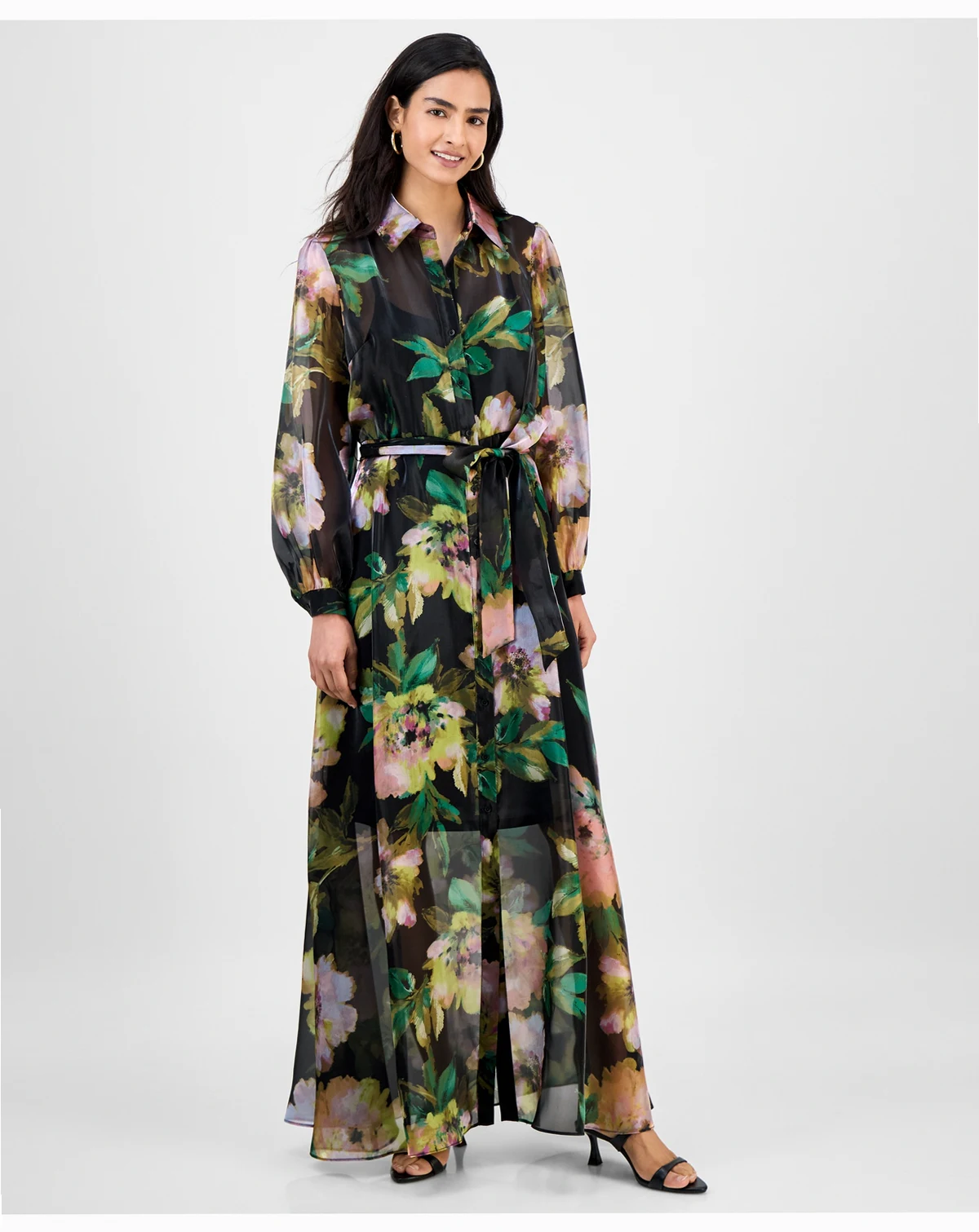 Women's Floral Chiffon Maxi Shirtdress