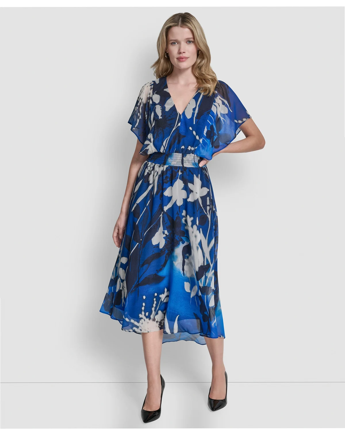 Women's Short Flutter Sleeve V Neck Smocked Waist Floral Midi Dress
