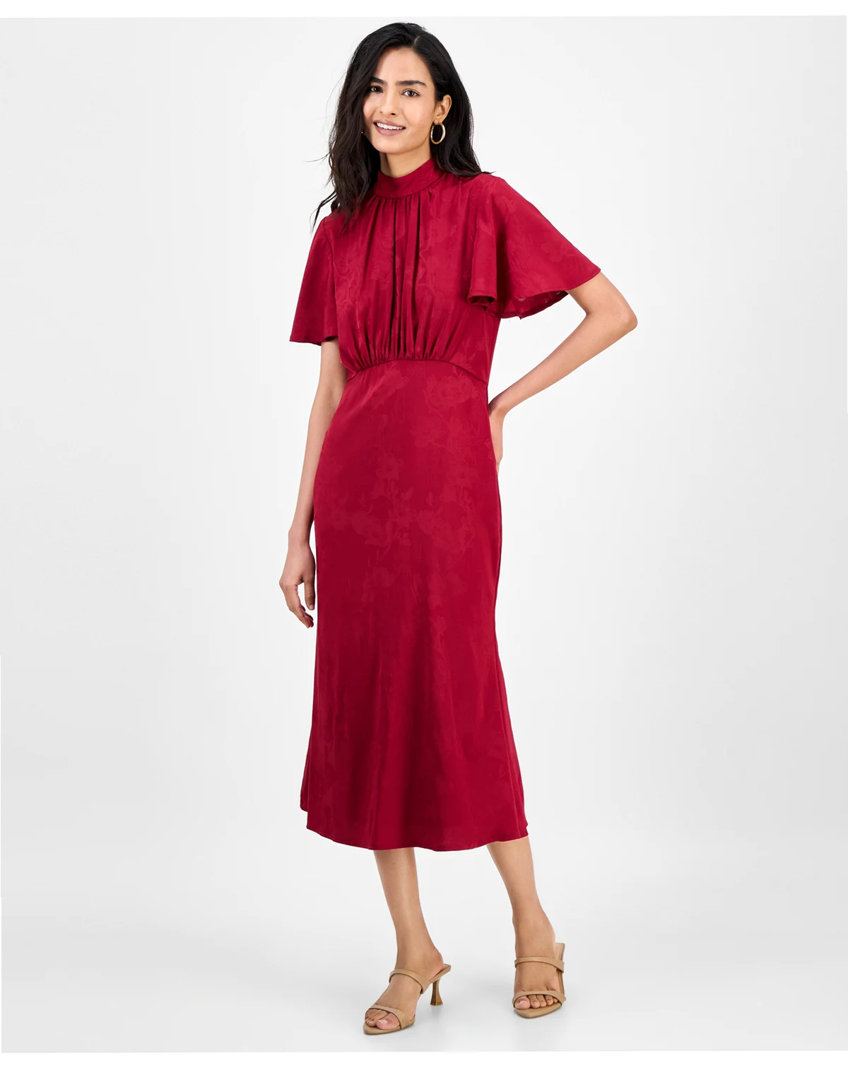 Women's High-Neck Flounce-Sleeve Midi Dress