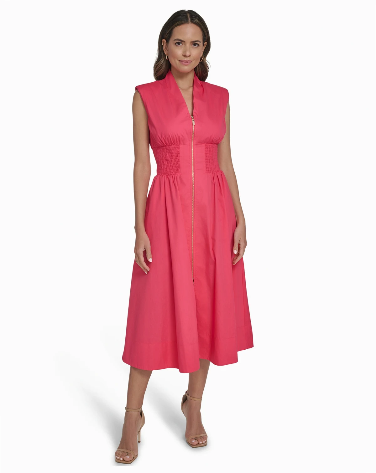 Women's Smock Waist Front Zip Midi Dress