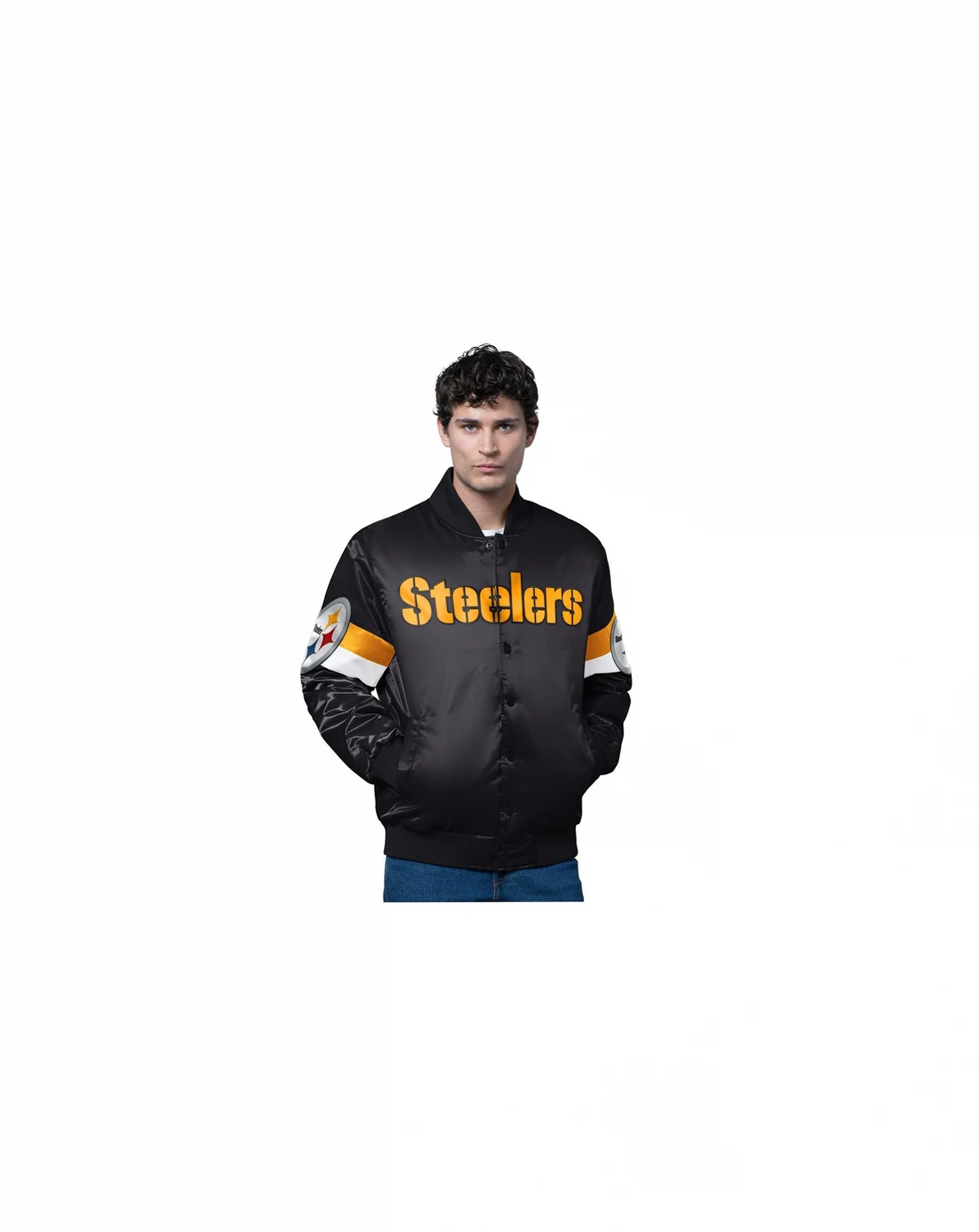 Men's Black Pittsburgh Steelers Triple Option Satin Varsity Full-Snap Jacket