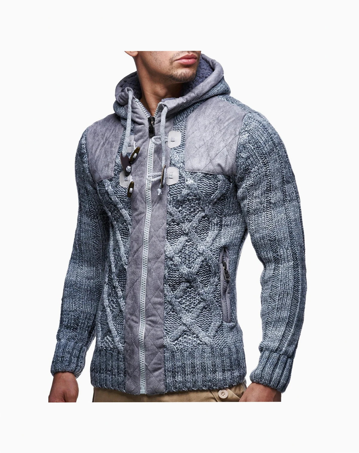 Men's Knit Zip-up Jacket With Geometric Patterns and Leather Accents