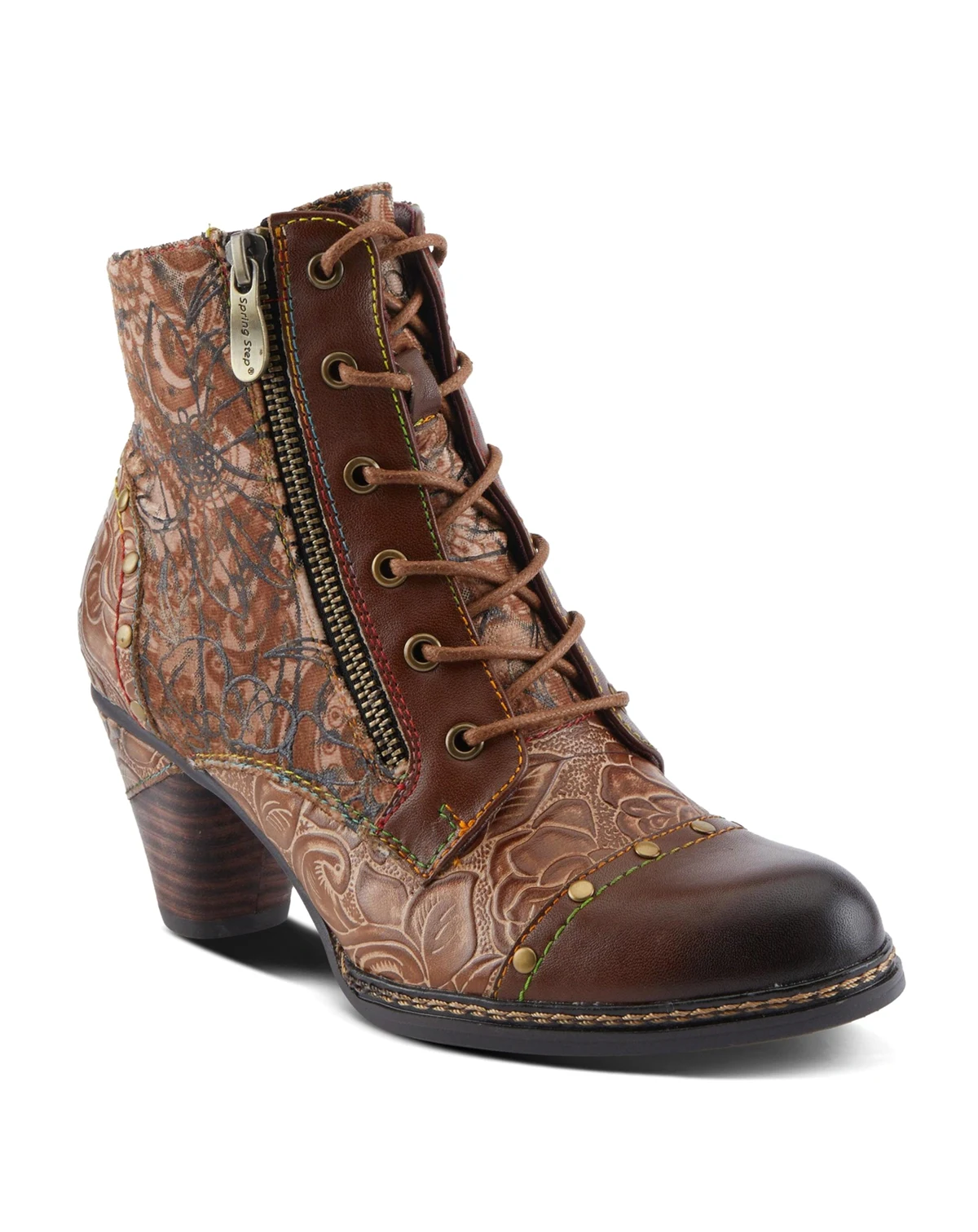Women's Avyanna Velvet and Leather Ankle Boots with Embossed Floral Design, Cap Toe, Dual Zippers, and Low Heel