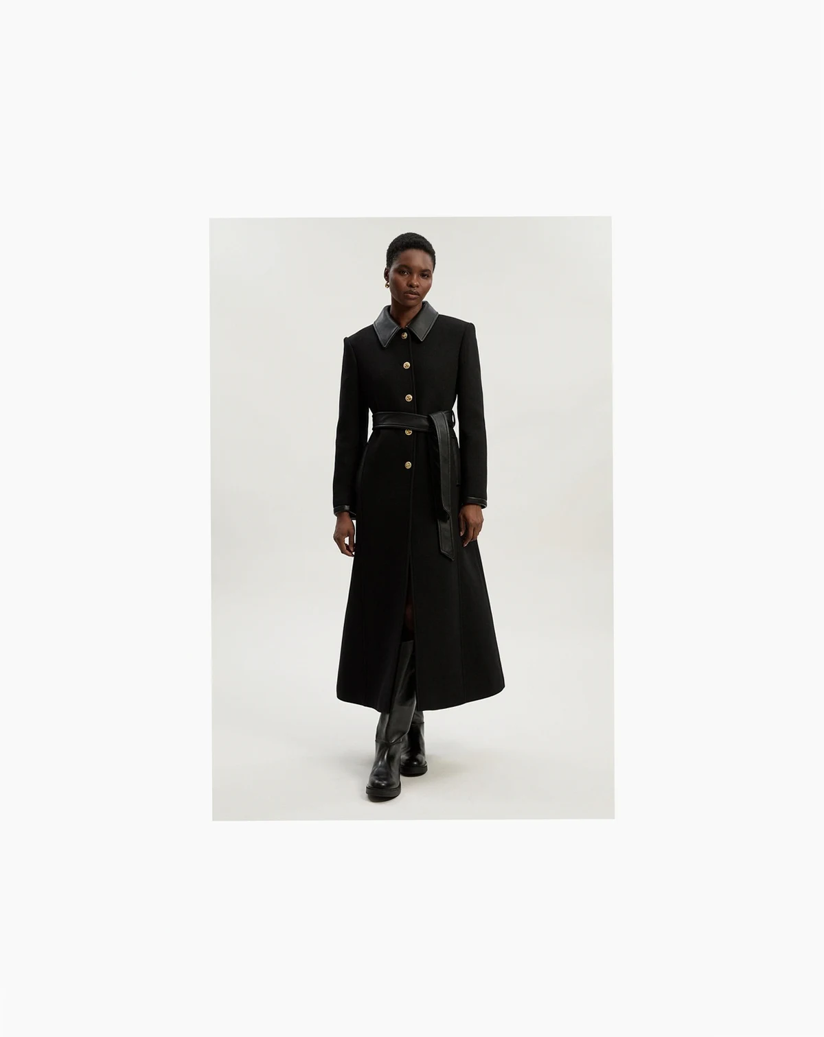Women's Wool Pu Mix Belted Tailored Maxi Coat
