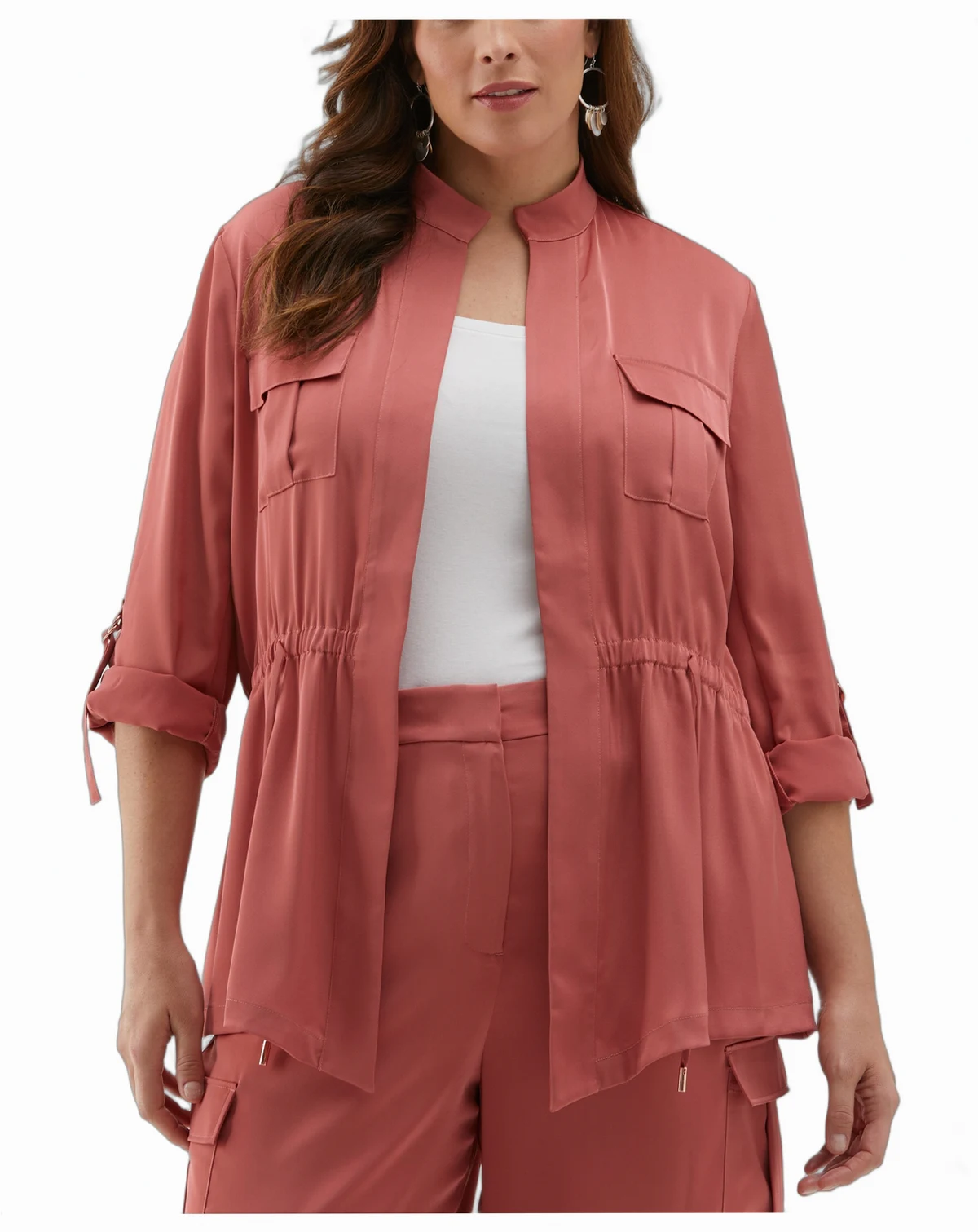 Plus Size Drawcord Waist Shine Roll Sleeve Jacket