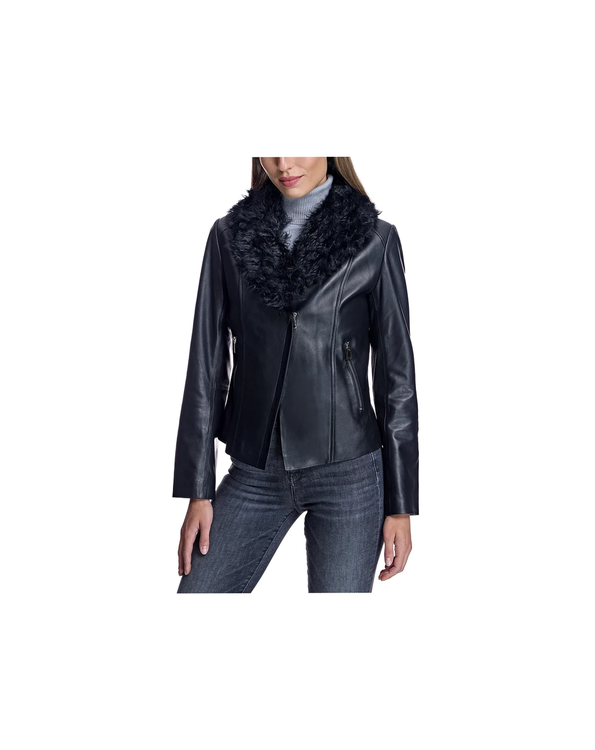 Women's Leather Jacket with Curly Lamb Collar