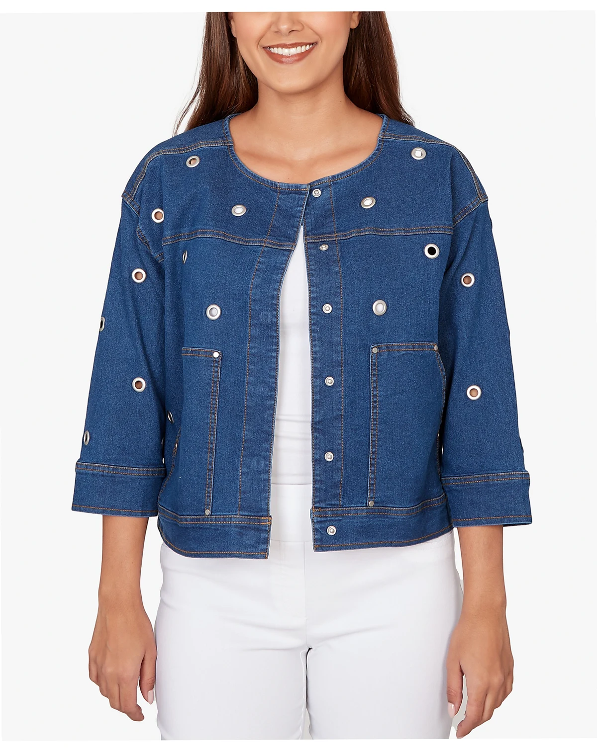 Petite Grommet Detail Stretch Denim Jacket