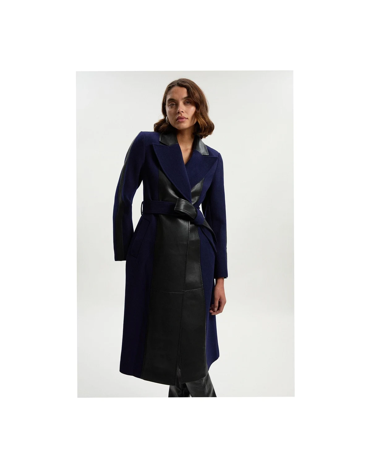 Women's Wool Pu Mix Belted Midi Coat