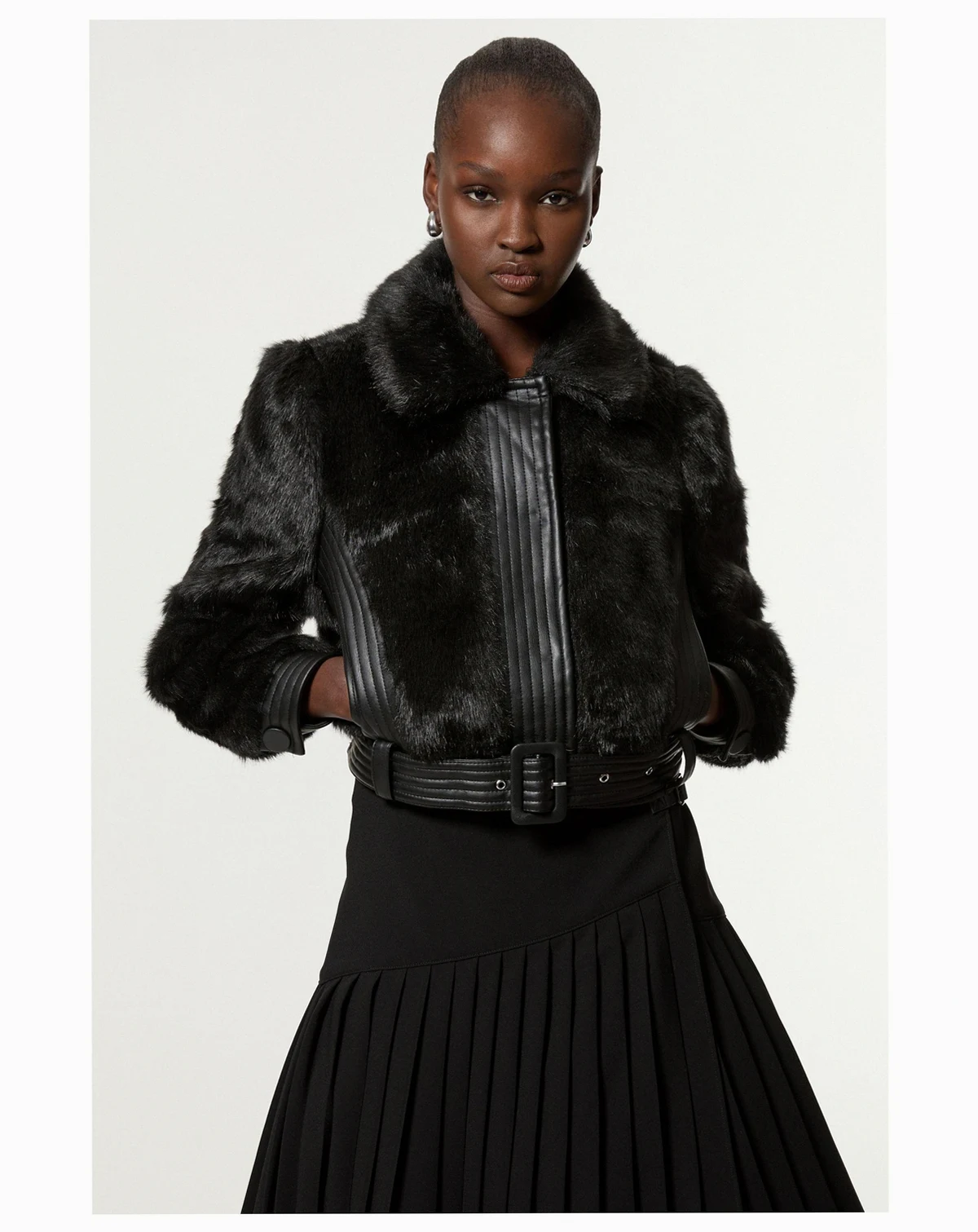 Women's Faux Fur Pu Panel Belted Cropped Jacket