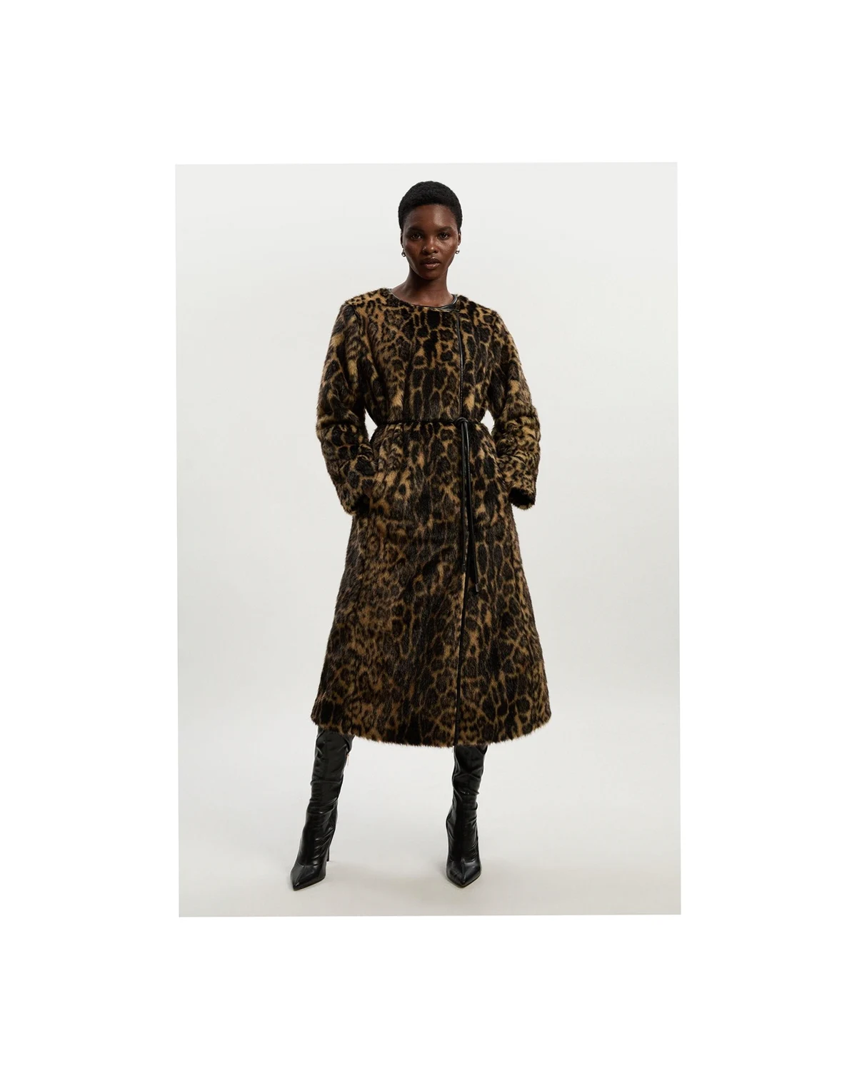Women's Faux Fur Collarless Tie Belted Midi Coat