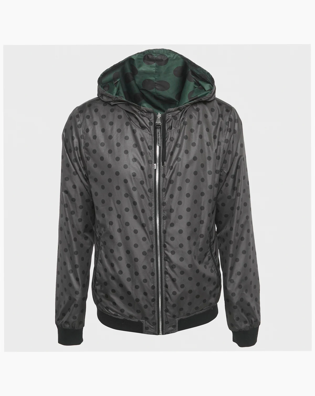 Men's Green Polka Dot Print Synthetic Reversible Zip-Up Jacket