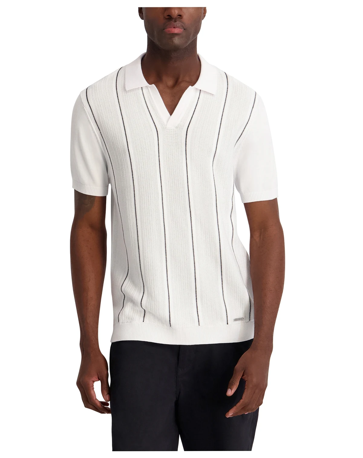 Men's Vertical Stripe Textured Johnny Collar Polo Shirt